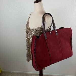 Rossella D Reversible Tote in Burgundy Suede Studded Floral Sherpa Italian NEW